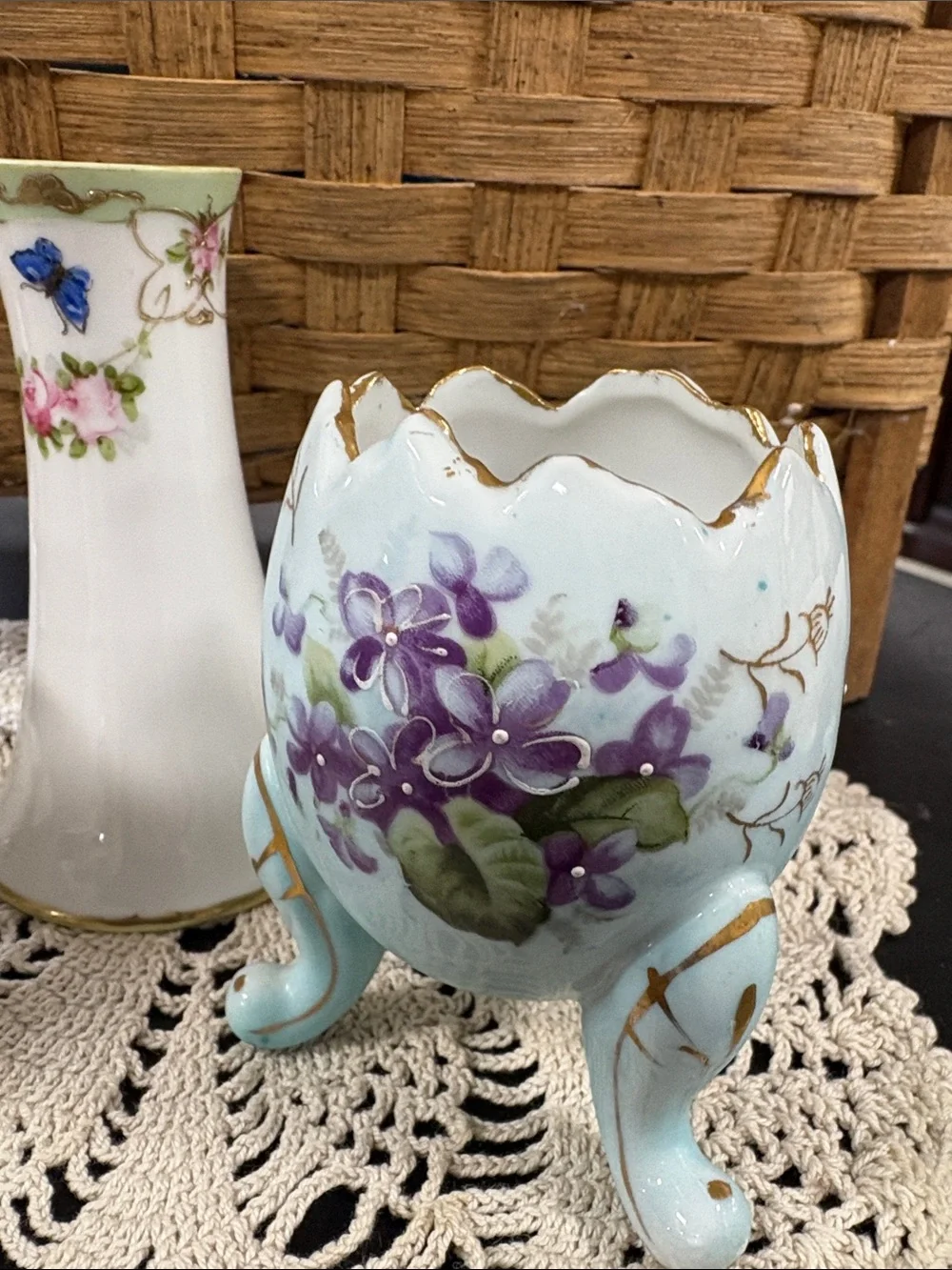 Vintage Ceramic Floral Egg vases and Nippon hat pin holder